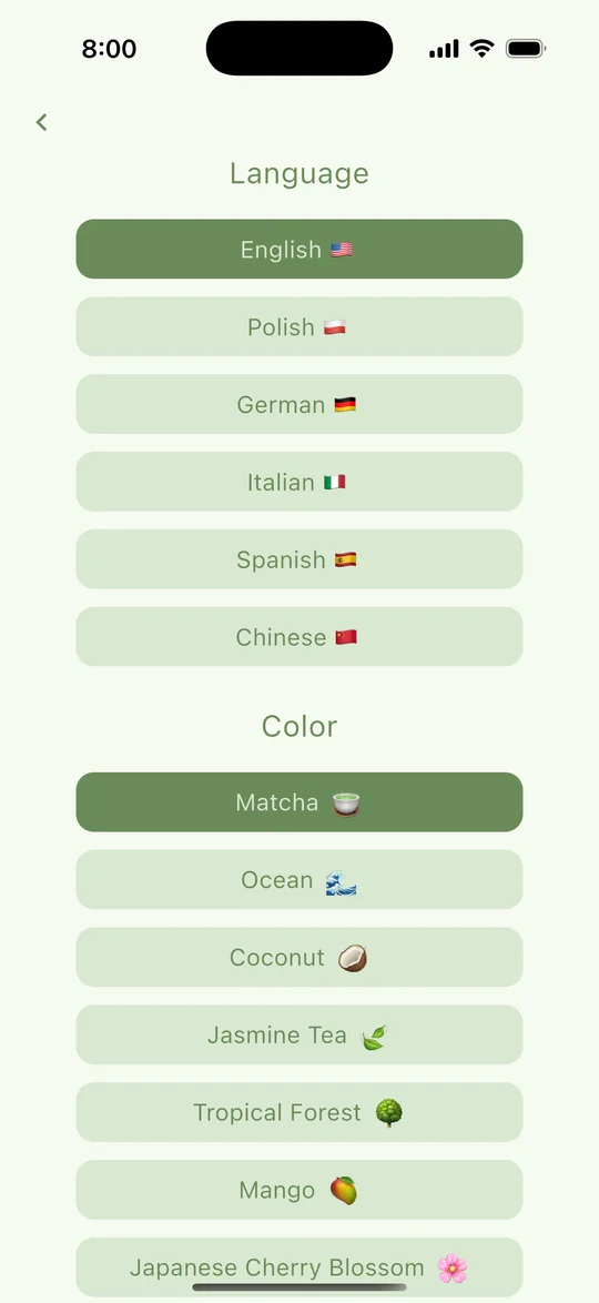 App settings: language and colour